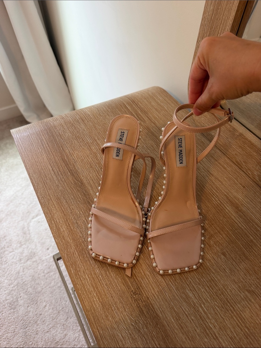 Steve Madden Baby Pink Pearl-Trim Ankle Strap Sandals